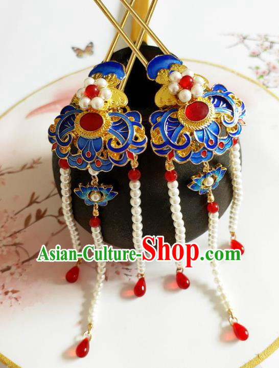 Traditional Chinese Pearls Tassel Cloisonne Hairpin Headdress Ancient Court Hair Accessories for Women