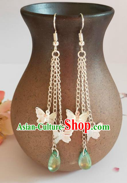 Traditional Chinese Handmade Green Water Drop Butterfly Earrings Ancient Hanfu Ear Accessories for Women