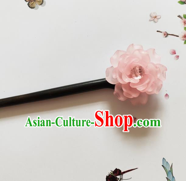 Traditional Chinese Pink Peony Ebony Hairpin Headdress Ancient Court Hair Accessories for Women