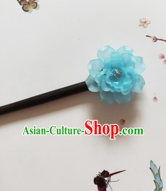 Traditional Chinese Blue Peony Ebony Hairpin Headdress Ancient Court Hair Accessories for Women