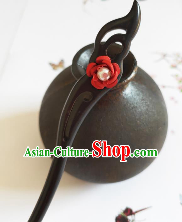 Traditional Chinese Red Rose Ebony Hairpin Headdress Ancient Court Hair Accessories for Women