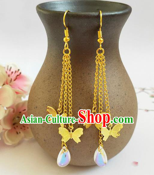 Traditional Chinese Handmade Water Drop Golden Butterfly Earrings Ancient Hanfu Ear Accessories for Women