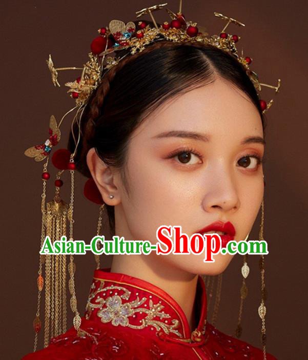 Traditional Chinese Bride Red Butterfly Hair Crown Headdress Ancient Wedding Hair Accessories for Women