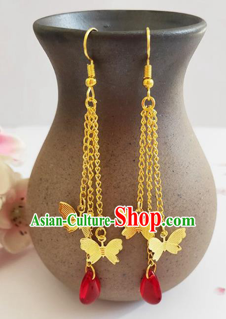 Traditional Chinese Handmade Red Water Drop Golden Butterfly Earrings Ancient Hanfu Ear Accessories for Women