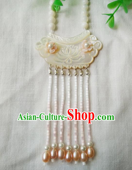 Traditional Chinese Handmade White Shell Necklace Ancient Hanfu Pearls Tassel Necklet Accessories for Women