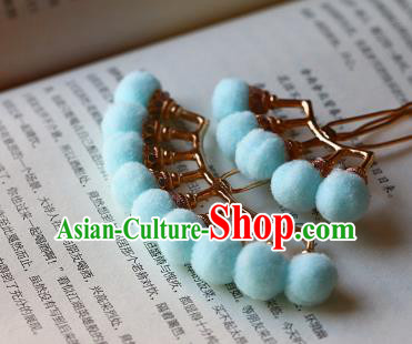 Traditional Chinese Ming Dynasty Blue Pompon Hairpins Headdress Ancient Court Hair Accessories for Women