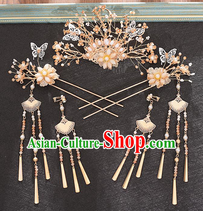 Traditional Chinese Bride Pearls Hair Comb and Tassel Hairpins Headdress Ancient Wedding Hair Accessories for Women