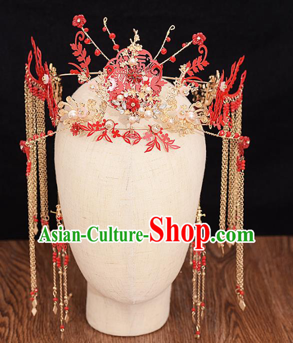 Traditional Chinese Bride Red Phoenix Coronet Headdress Ancient Wedding Hair Accessories for Women