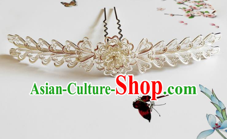 Traditional Chinese Tang Dynasty Argent Hairpin Headdress Ancient Court Hair Accessories for Women