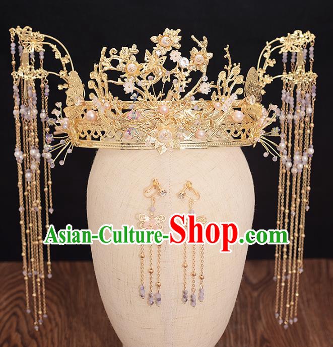 Traditional Chinese Bride Pearls Phoenix Coronet Headdress Ancient Wedding Hair Accessories for Women