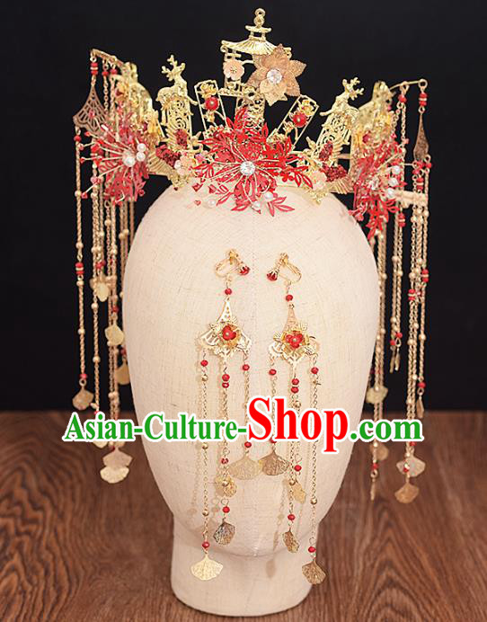 Traditional Chinese Bride Golden Deer Phoenix Coronet Headdress Ancient Wedding Hair Accessories for Women