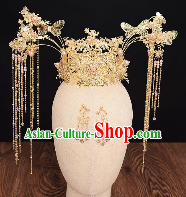 Traditional Chinese Bride Golden Butterfly Pearls Phoenix Coronet Headdress Ancient Wedding Hair Accessories for Women