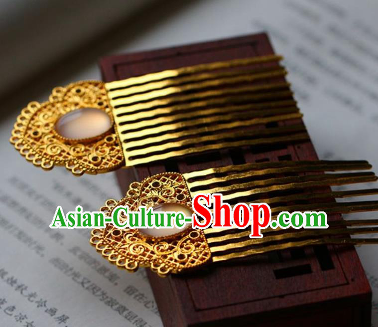 Traditional Chinese Tang Dynasty Golden Hair Combs Headdress Ancient Court Hair Accessories for Women