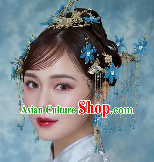 Traditional Chinese Bride Blue Flowers Hair Comb Hairpins Headdress Ancient Wedding Hair Accessories for Women