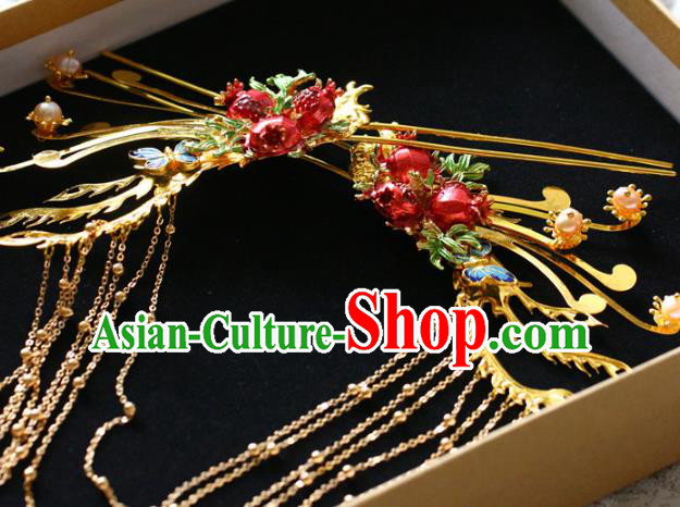 Traditional Chinese Ming Dynasty Red Pomegranate Tassel Hairpins Headdress Ancient Court Hair Accessories for Women