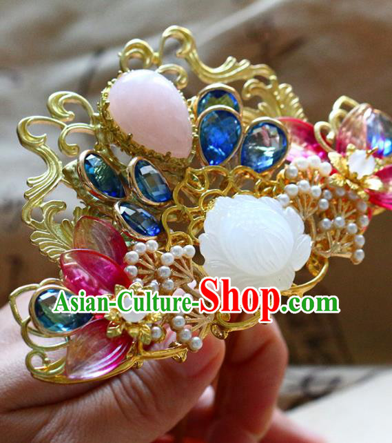 Traditional Chinese Ming Dynasty White Jade Lotus Hairpins Headdress Ancient Court Hair Accessories for Women