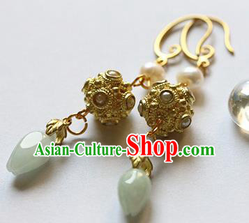 Traditional Chinese Handmade Jade Golden Earrings Ancient Hanfu Ear Accessories for Women