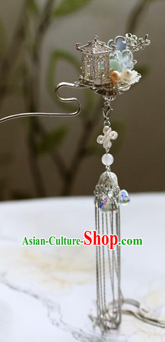 Traditional Chinese Palace Argent Tassel Hairpins Headdress Ancient Court Hair Accessories for Women