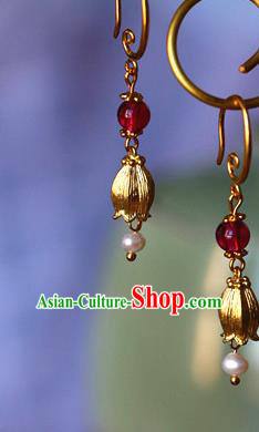 Traditional Chinese Handmade Golden Tulip Earrings Ancient Hanfu Ear Accessories for Women