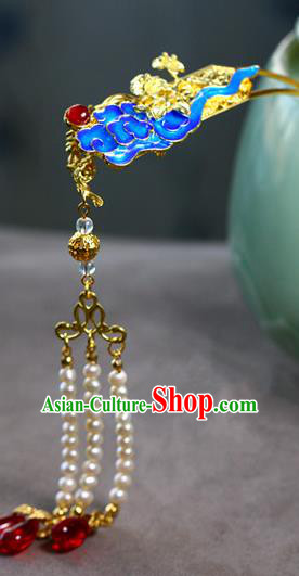 Traditional Chinese Palace Cloisonne Cloud Pearls Tassel Hairpin Headdress Ancient Court Hair Accessories for Women