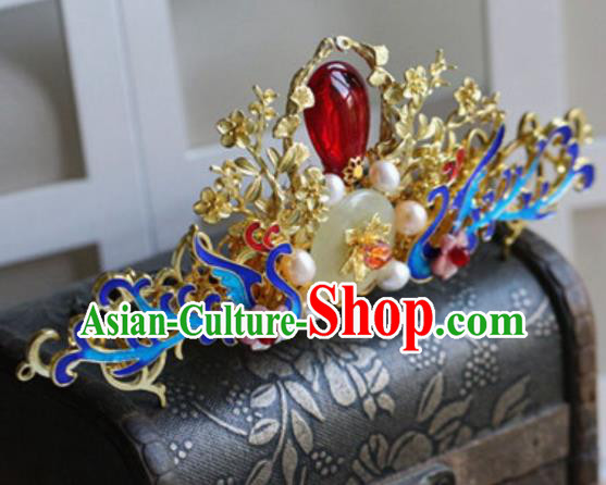 Traditional Chinese Palace Cloisonne Phoenix Jade Hair Crown Hairpin Headdress Ancient Court Hair Accessories for Women