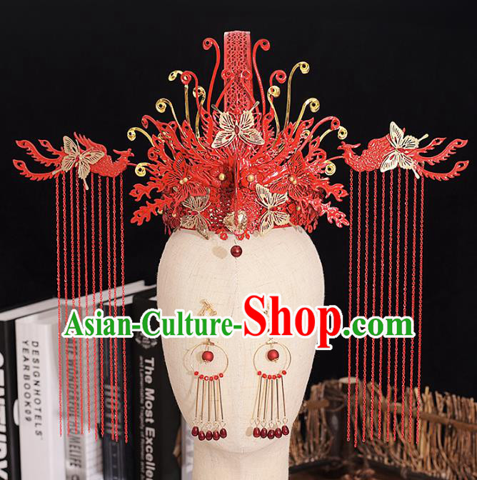 Traditional Chinese Bride Butterfly Red Phoenix Coronet Headdress Ancient Wedding Hair Accessories for Women