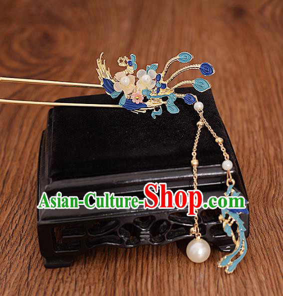 Traditional Chinese Handmade Blue Phoenix Tassel Hairpin Headdress Ancient Hanfu Hair Accessories for Women