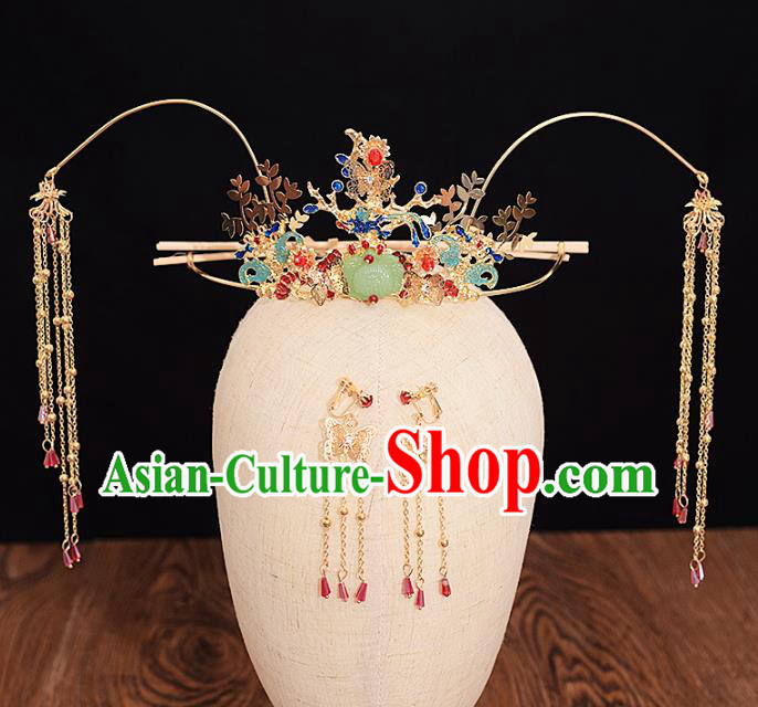 Traditional Chinese Bride Jade Lotus Phoenix Coronet Headdress Ancient Wedding Hair Accessories for Women