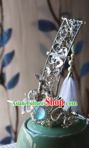 Traditional Chinese Argent Dragons Hairdo Crown and Hairpin Headdress Ancient Swordsman Hair Accessories for Men