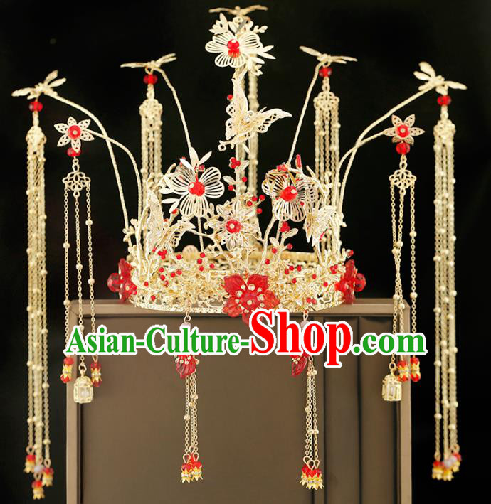 Traditional Chinese Bride Red Plum Blossom Phoenix Coronet Headdress Ancient Wedding Hair Accessories for Women