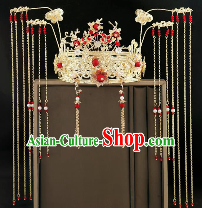 Traditional Chinese Bride Golden Carving Phoenix Coronet Headdress Ancient Wedding Hair Accessories for Women