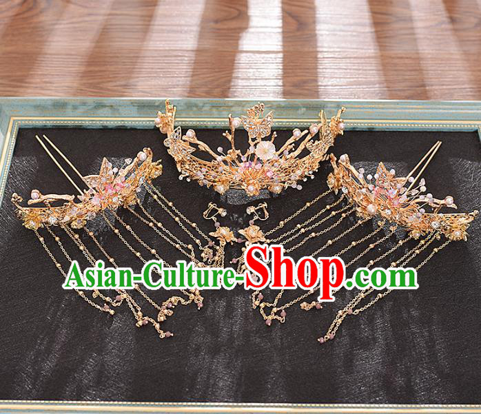 Traditional Chinese Bride Golden Hair Crown and Hairpins Headdress Ancient Wedding Hair Accessories for Women