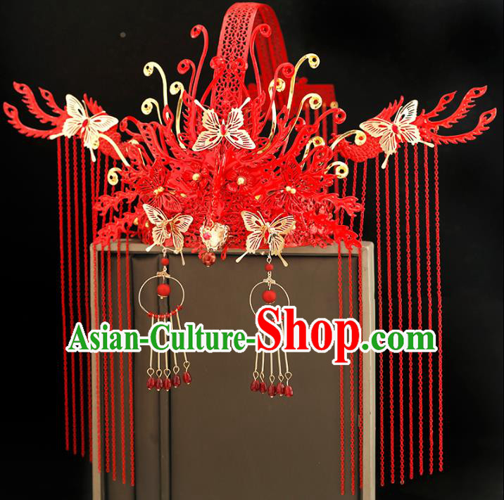 Traditional Chinese Bride Red Tassel Phoenix Coronet Headdress Ancient Wedding Hair Accessories for Women