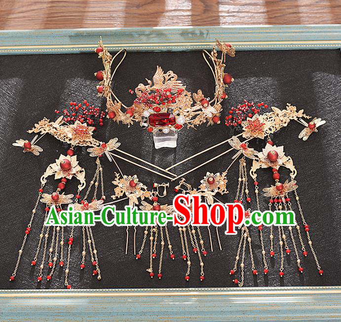 Traditional Chinese Bride Red Crane Hair Crown and Hairpins Headdress Ancient Wedding Hair Accessories for Women