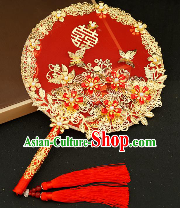 Traditional Chinese Classical Red Round Fans Ancient Hanfu Wedding Palace Fan for Women