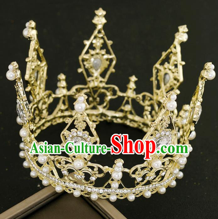 Top Grade Princess Crystal Golden Round Royal Crown Handmade Baroque Bride Hair Accessories for Women