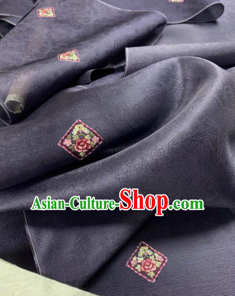 Chinese Traditional Embroidered Flowers Pattern Design Navy Silk Fabric Asian Hanfu Material