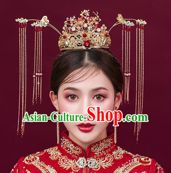 Traditional Chinese Bride Golden Hair Coronet Headdress Ancient Wedding Hair Accessories for Women