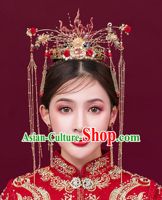 Traditional Chinese Bride Red Rose Hair Coronet Headdress Ancient Wedding Hair Accessories for Women