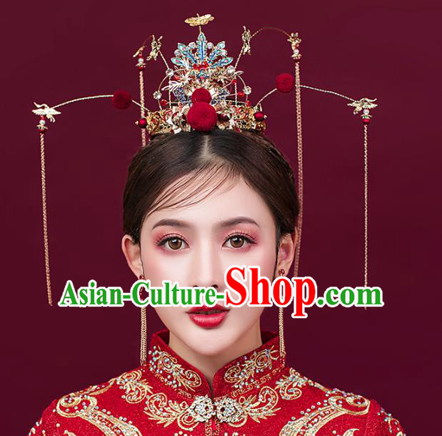 Traditional Chinese Bride Blueing Phoenix Hair Coronet Headdress Ancient Wedding Hair Accessories for Women