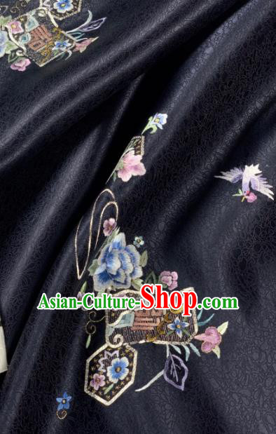 Chinese Traditional Embroidered Crane Flowers Pattern Design Black Silk Fabric Asian Hanfu Material