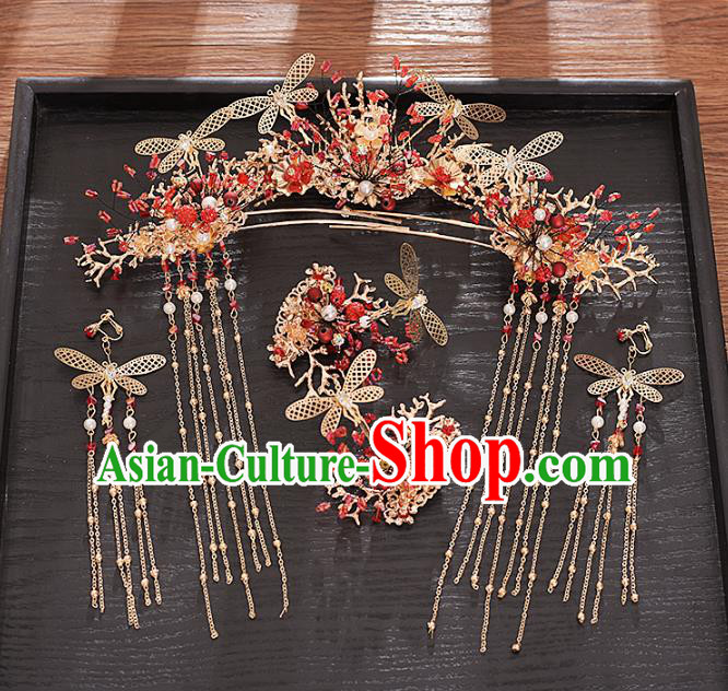 Traditional Chinese Bride Dragonfly Hair Comb and Hairpins Headdress Ancient Wedding Hair Accessories for Women