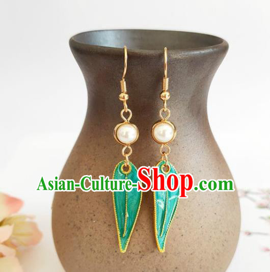 Traditional Chinese Handmade Green Bamboo Leaf Earrings Ancient Hanfu Ear Accessories for Women