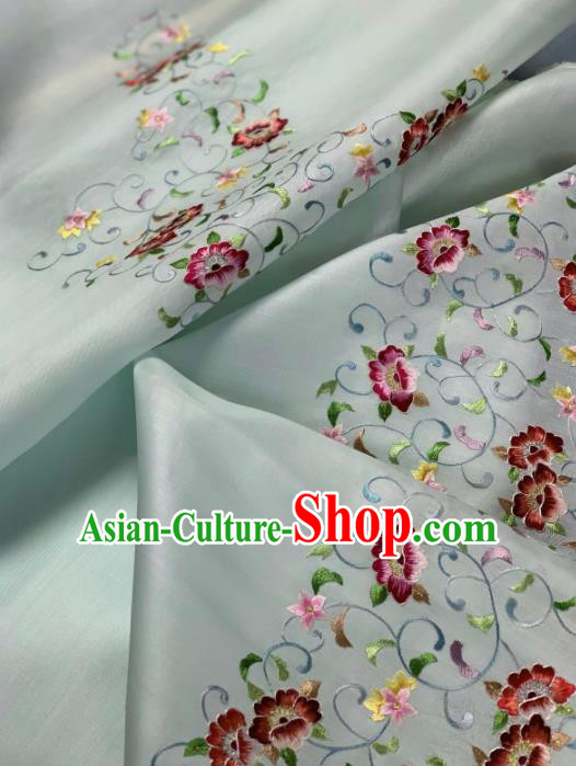 Chinese Traditional Embroidered Flowers Pattern Design Light Green Silk Fabric Asian Hanfu Material