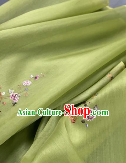 Chinese Traditional Embroidered Peony Pattern Design Green Silk Fabric Asian Hanfu Material