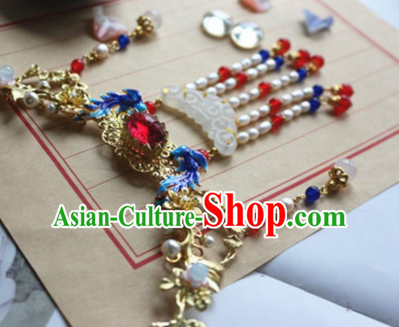 Traditional Chinese Handmade Pearls Tassel Jade Necklace Ancient Hanfu Necklet Accessories for Women