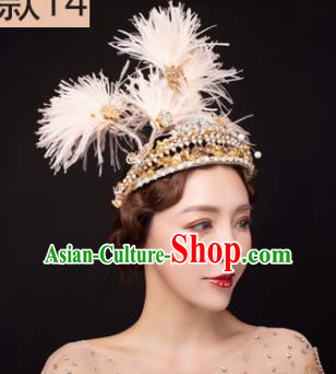 Traditional Chinese Stage Show Feather Golden Royal Crown Headdress Handmade Catwalks Hair Accessories for Women