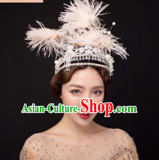 Traditional Chinese Stage Show Feather Royal Crown Headdress Handmade Catwalks Hair Accessories for Women
