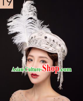 Traditional Chinese Stage Show White Feather Hat Headdress Handmade Catwalks Hair Accessories for Women