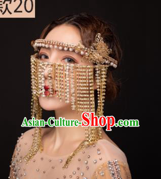 Traditional Chinese Stage Show Golden Tassel Hair Clasp Mask Headdress Handmade Catwalks Hair Accessories for Women